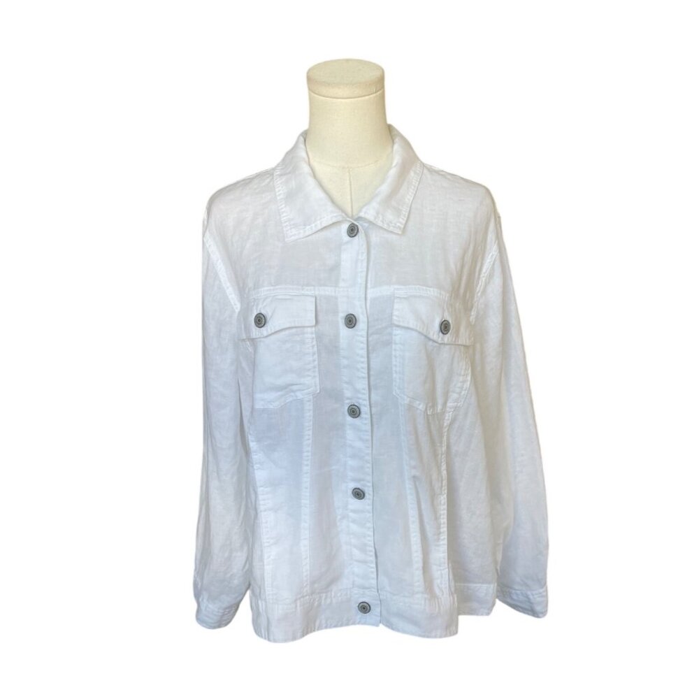 Jones & Co Womens 100% Linen White Button Down Top Size 1X Ivory Coastal Preppy